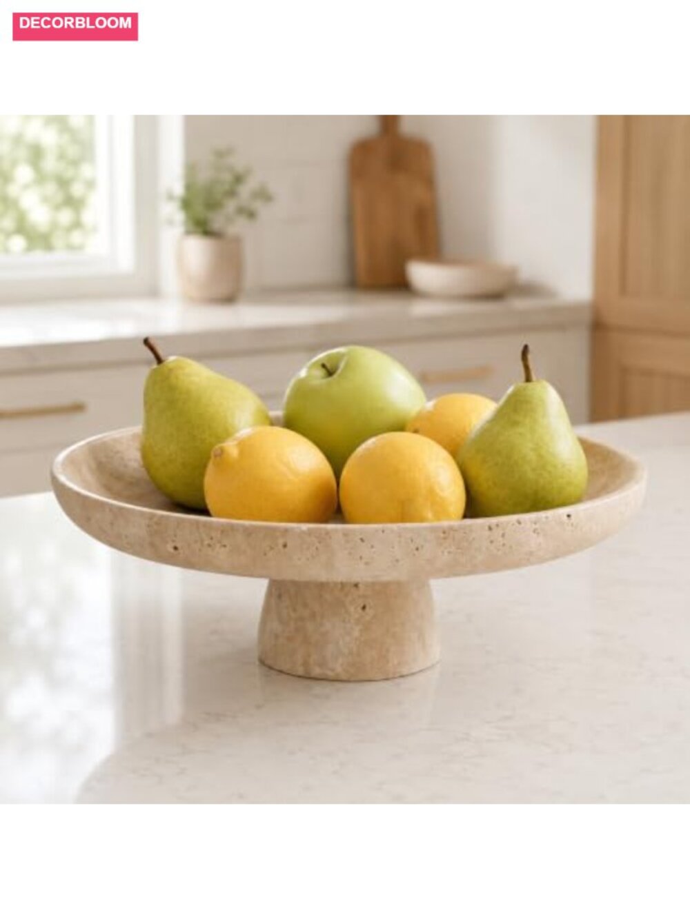 Natural Travertine Fruit Bowl with Pedestal, 10-Inch Stone Decorative Bowl